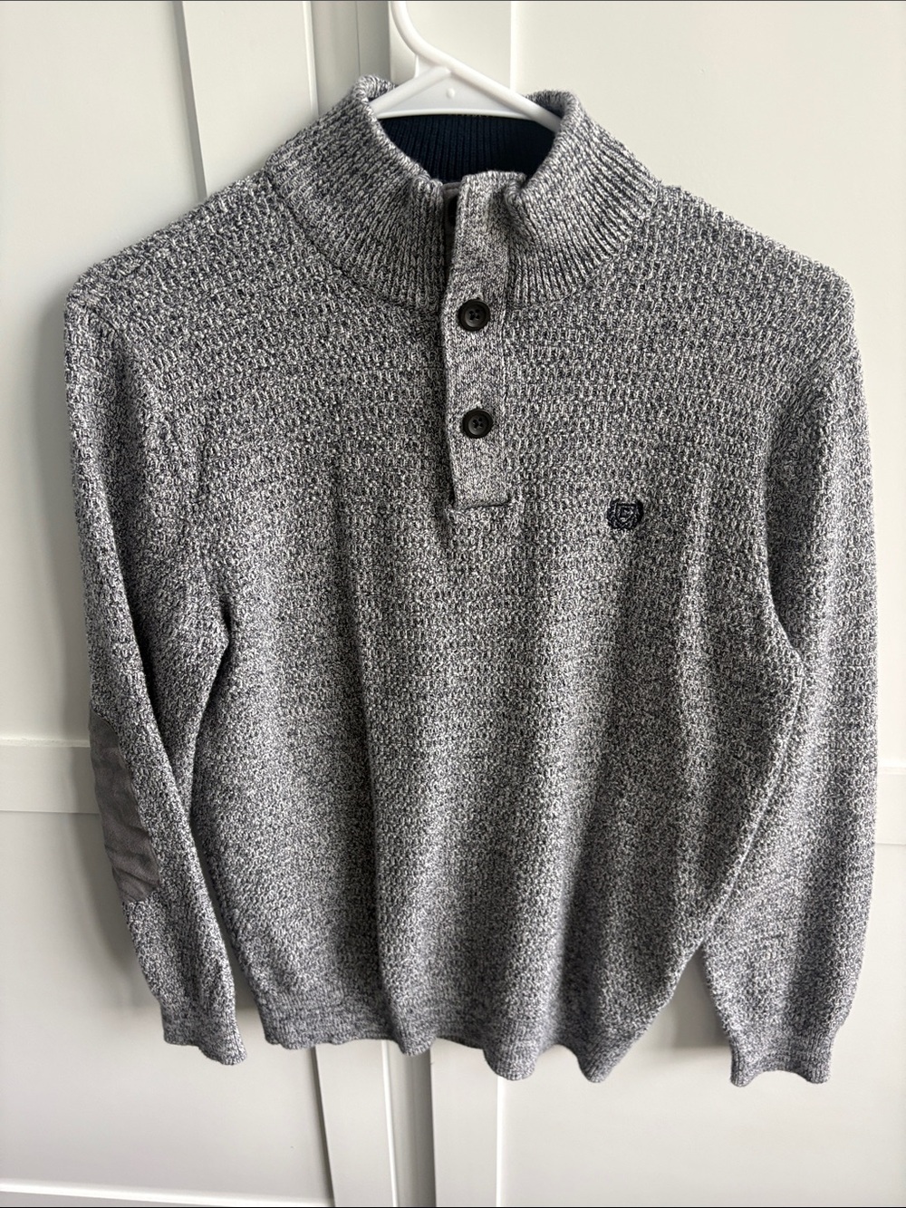 Chaps Gray Marbled Cotton Button-Up Quarter Neck Sweater